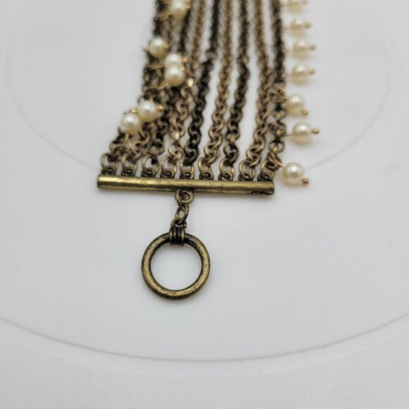 VTG Pinned Pearl Cuff Bracelet 8" Gold Tone White Beads Wide Toggle Closure - Picture 4 of 13